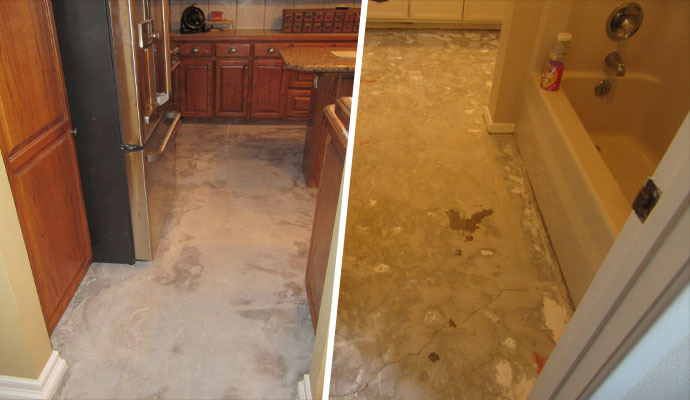 a collage demonstrating bathroom and kitchen tile removal