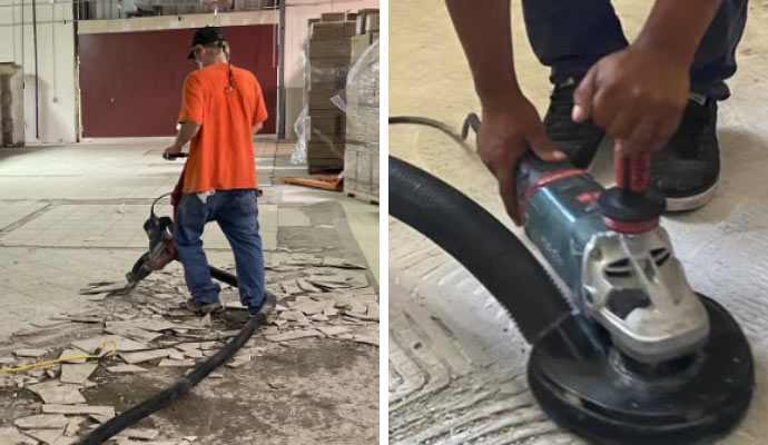 A collage of the tile removal process